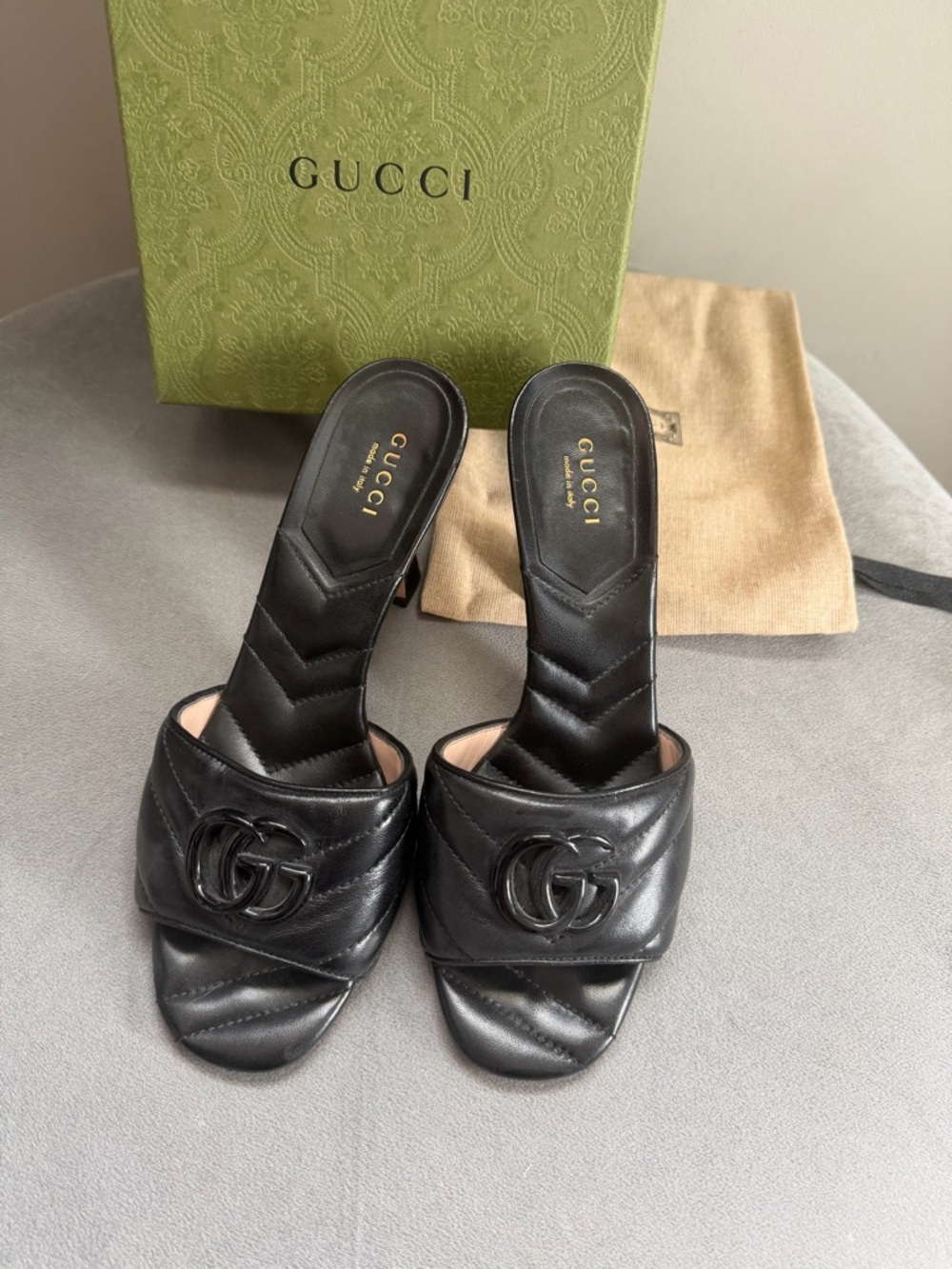 Gucci Black Quilted Leather Slide Mules with Double G